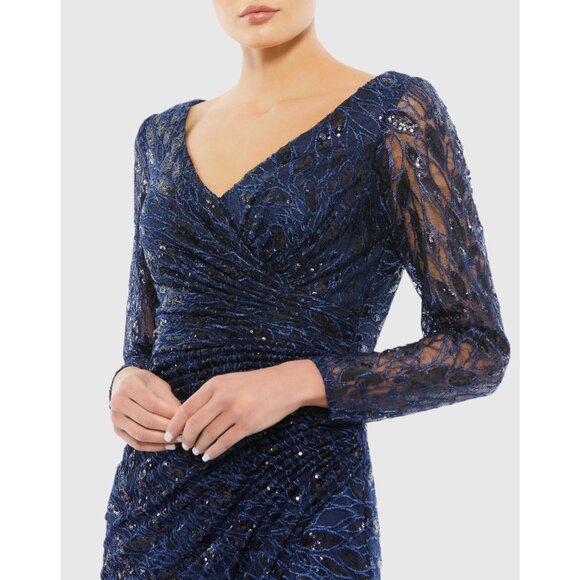 Mac Duggal 12412 Size 18 Long Sleeve Blue Ruched Sequined V-Neck Maxi Gown Dress - Picture 3 of 6